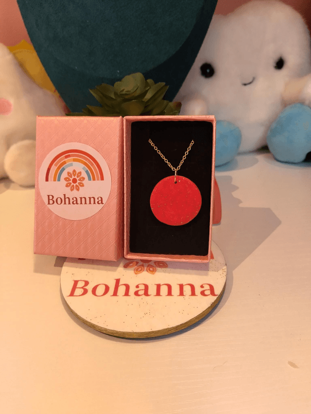Handmade polymer clay necklace - red sparkle boho disc