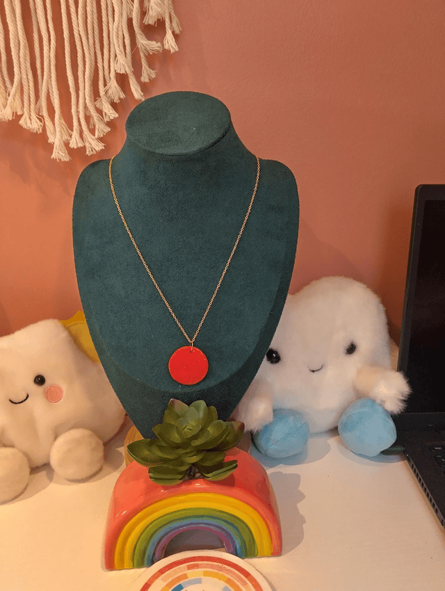 Handmade polymer clay necklace - red sparkle boho disc