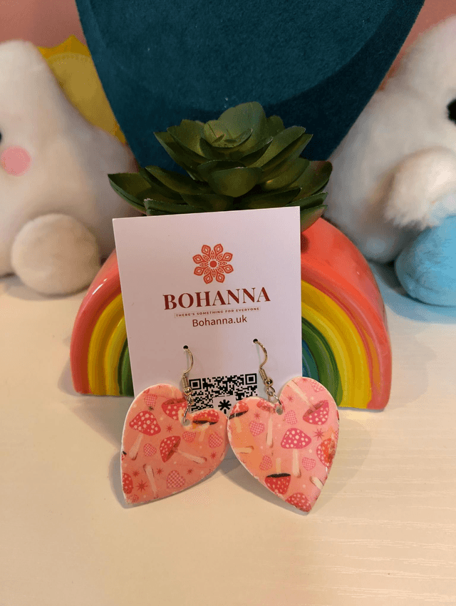  Handmade  Polymer clay Pink Mushroom Heart Earrings 🍄💖