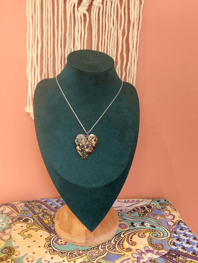 Handmade black and gold polymer clay heart necklace 
