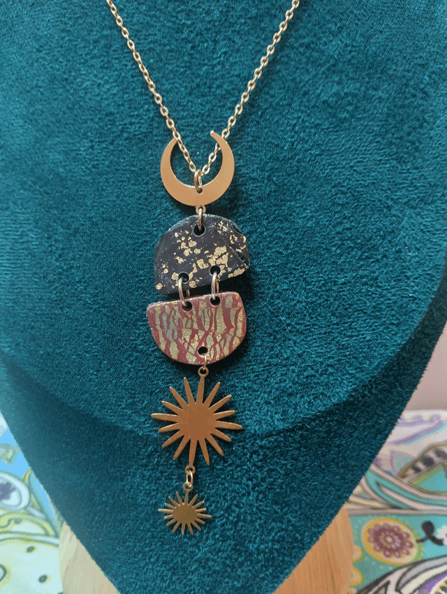 Longline Polymer Clay Necklace with Gold-Filled Celestial Accents – Gift Boxed