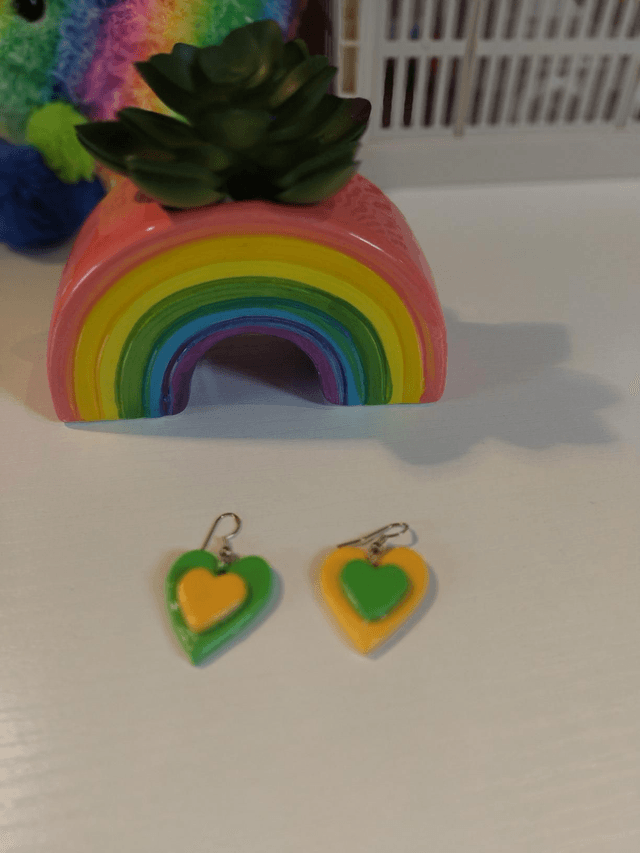 Handmade Polymer clay earrings - yellow and green miss matched 